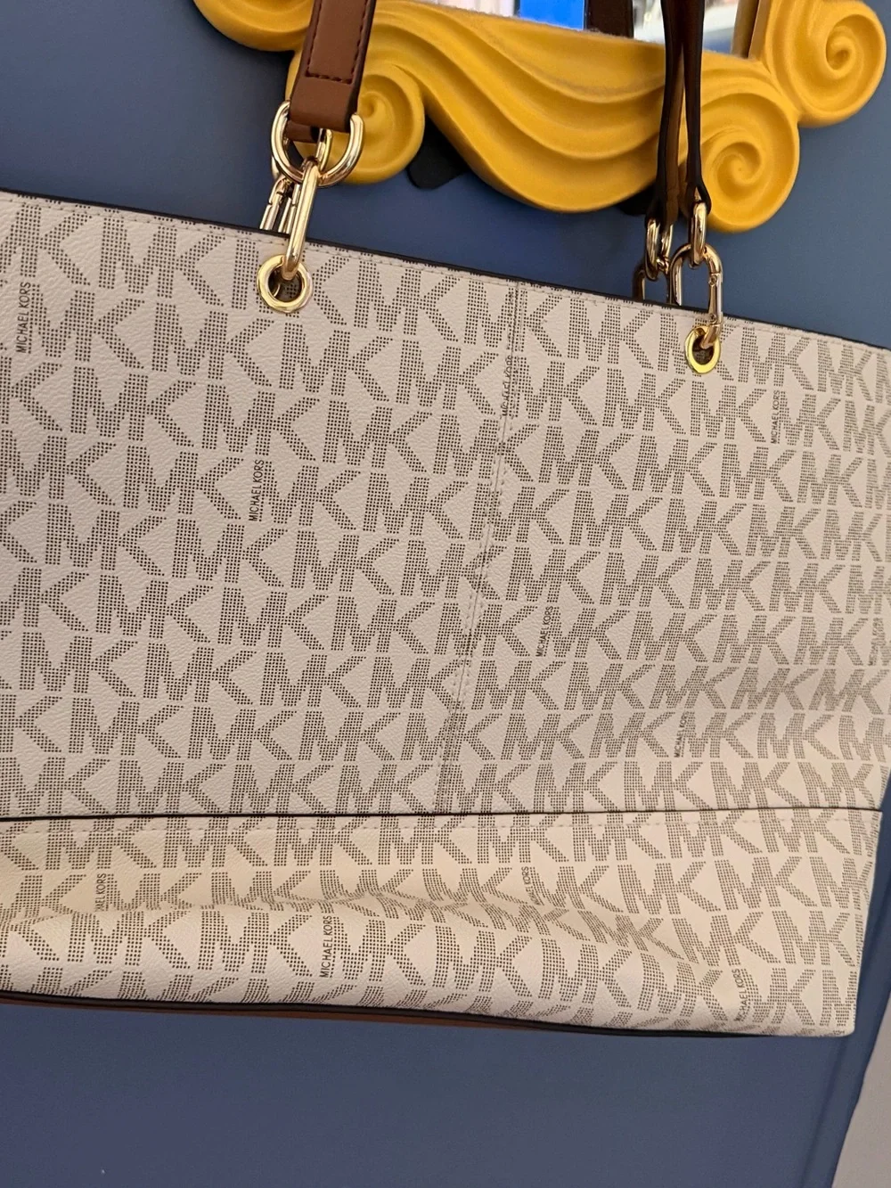 Michael Kors Cream Signature Canvas Tote with Brown Leather Trim